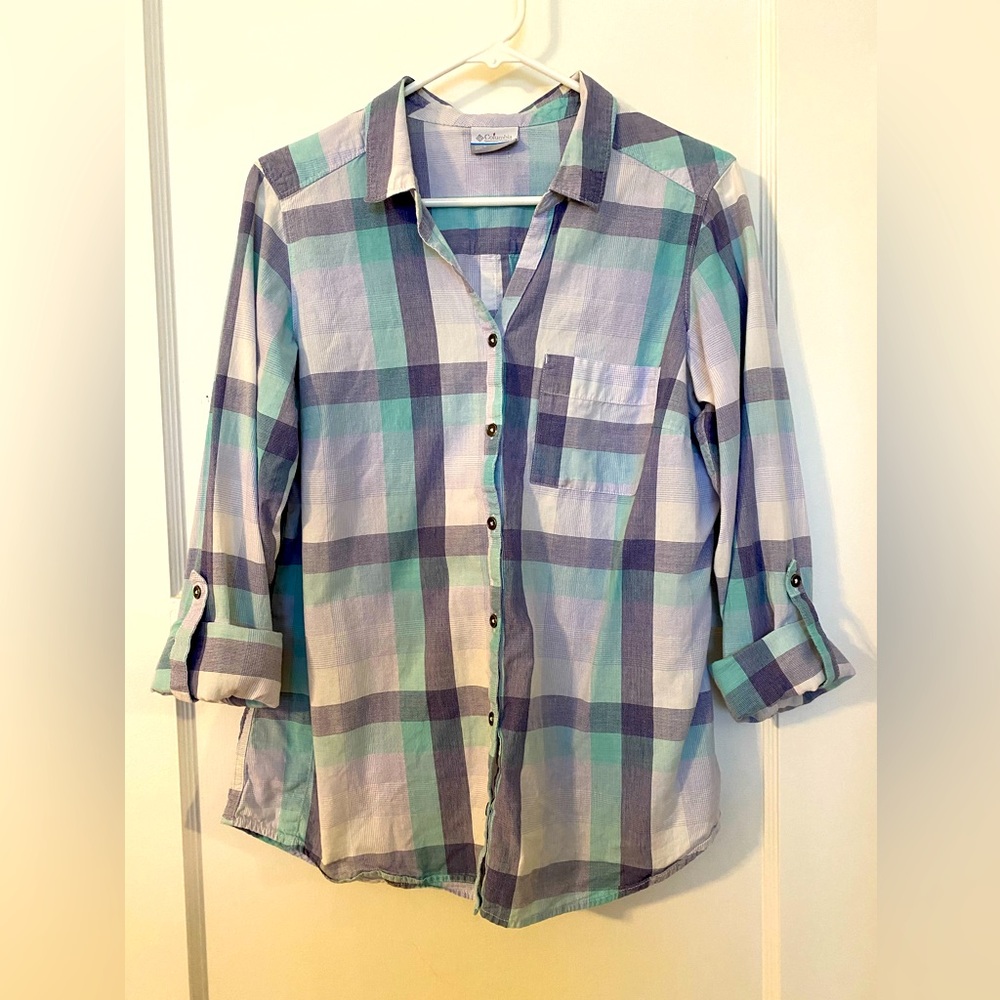 Columbia sportswear button up shirt roll-up sleeves hiking outdoors camp REI Lg - Picture 2 of 7
